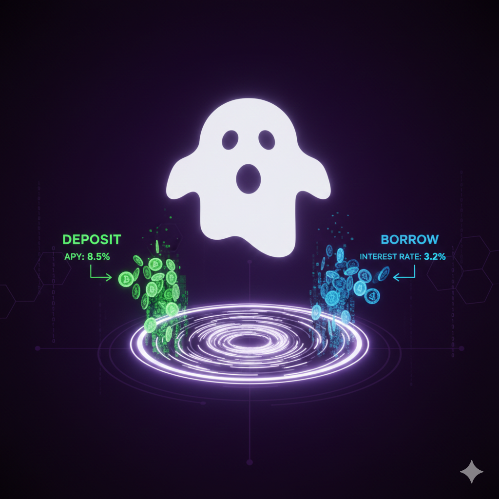 Aave ghost logo with lending and borrowing flow