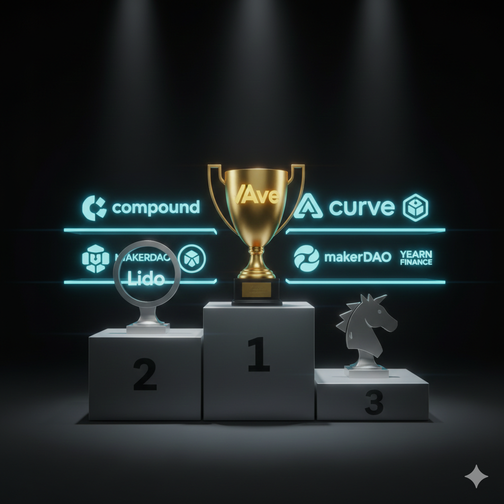 Top DeFi protocol logos ranked on a podium
