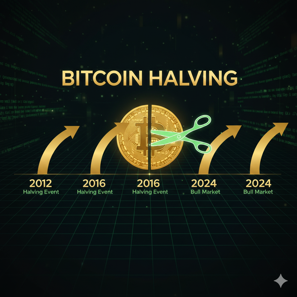 Bitcoin halving event calendar with block reward reduction chart