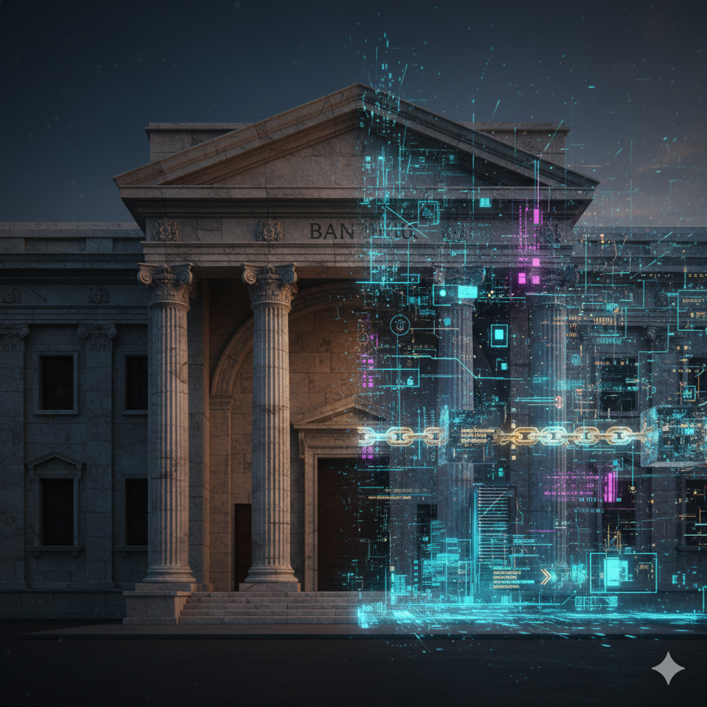 Traditional bank building merging with blockchain network