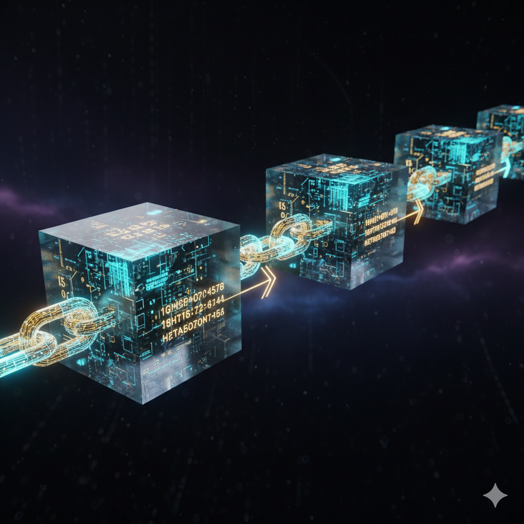 Blockchain network with interconnected blocks and cryptographic hash links