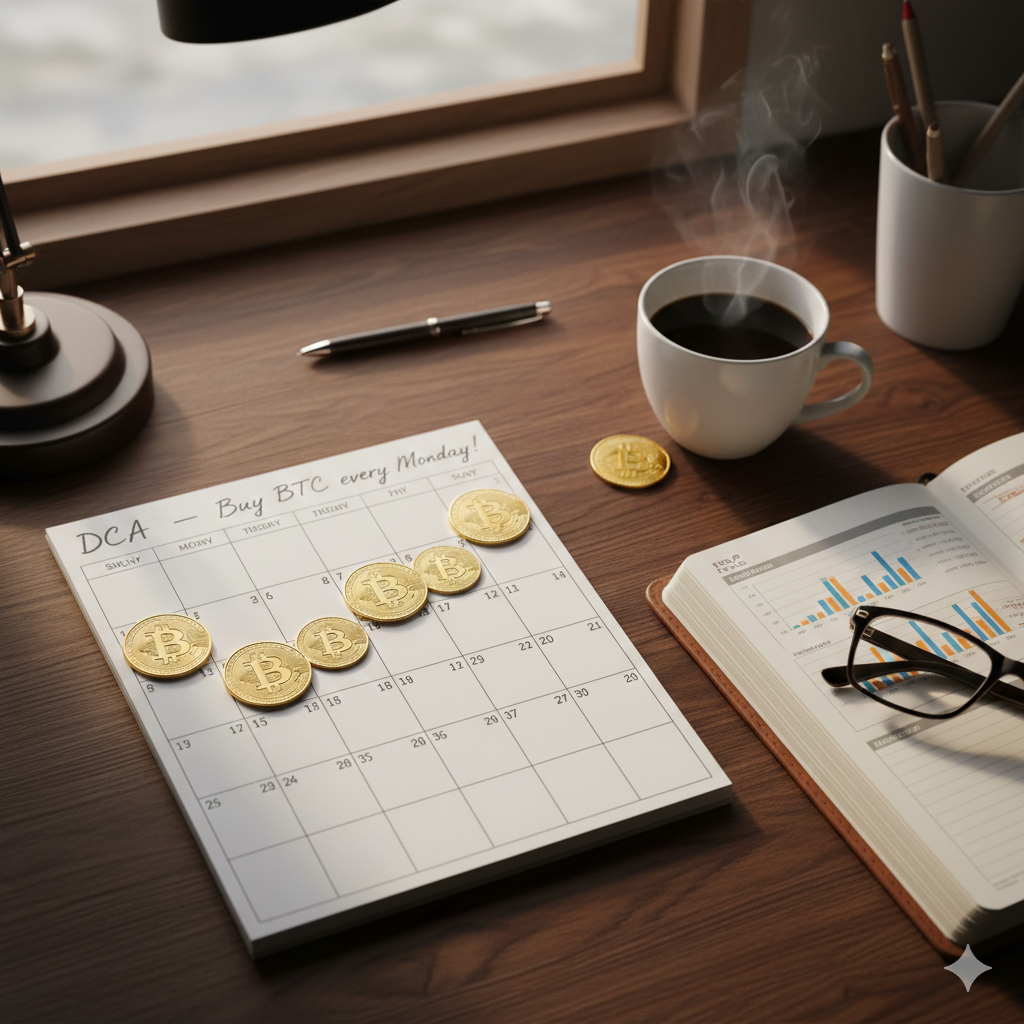 Calendar with Bitcoin DCA scheduled purchases marked on it
