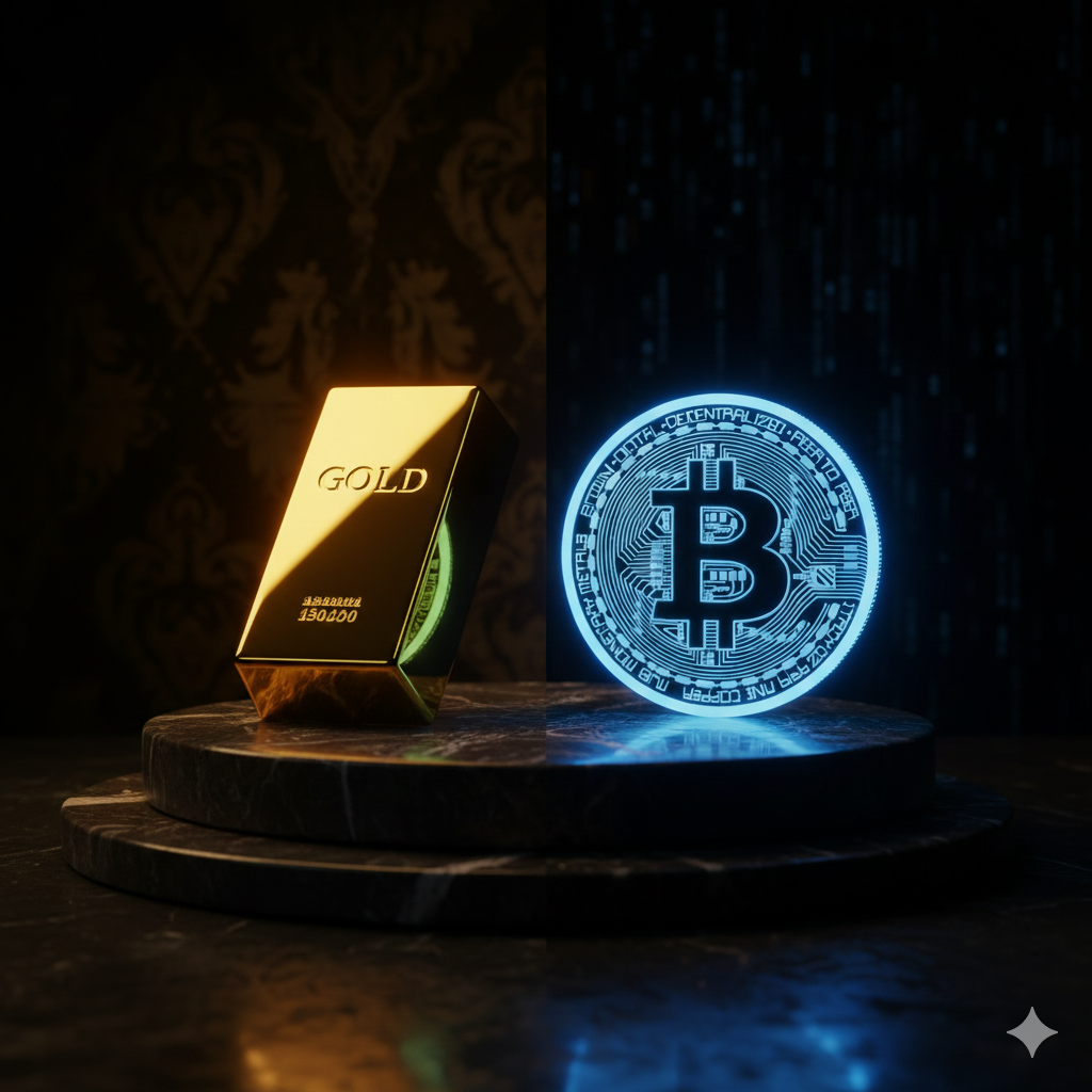 Bitcoin gold coin next to physical gold bar comparison