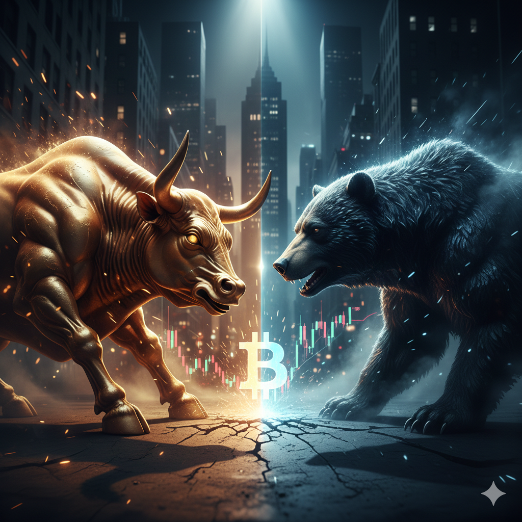 Bull and bear face-off representing crypto market conditions