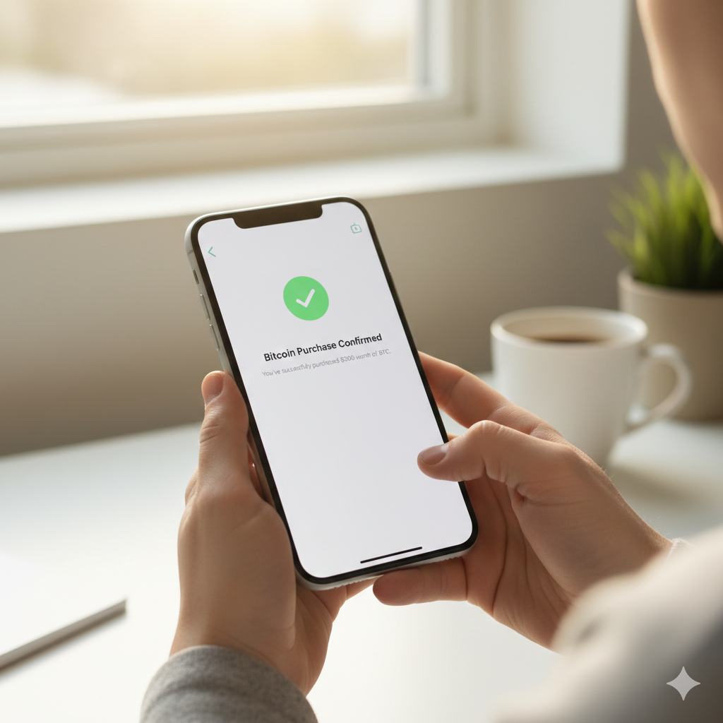 Person buying Bitcoin on mobile phone with exchange app