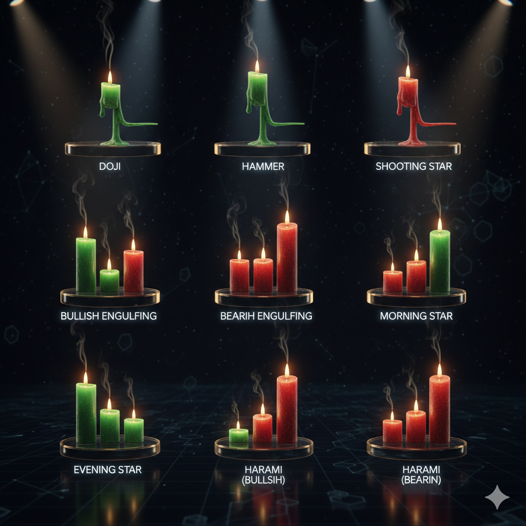 Japanese candlestick patterns display with crypto chart