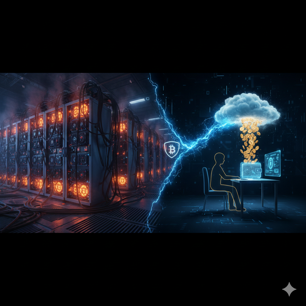 Cloud mining data center with crypto coins flowing to user