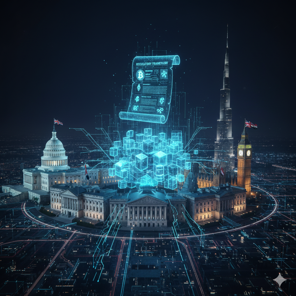 Crypto regulation with government buildings and blockchain symbols