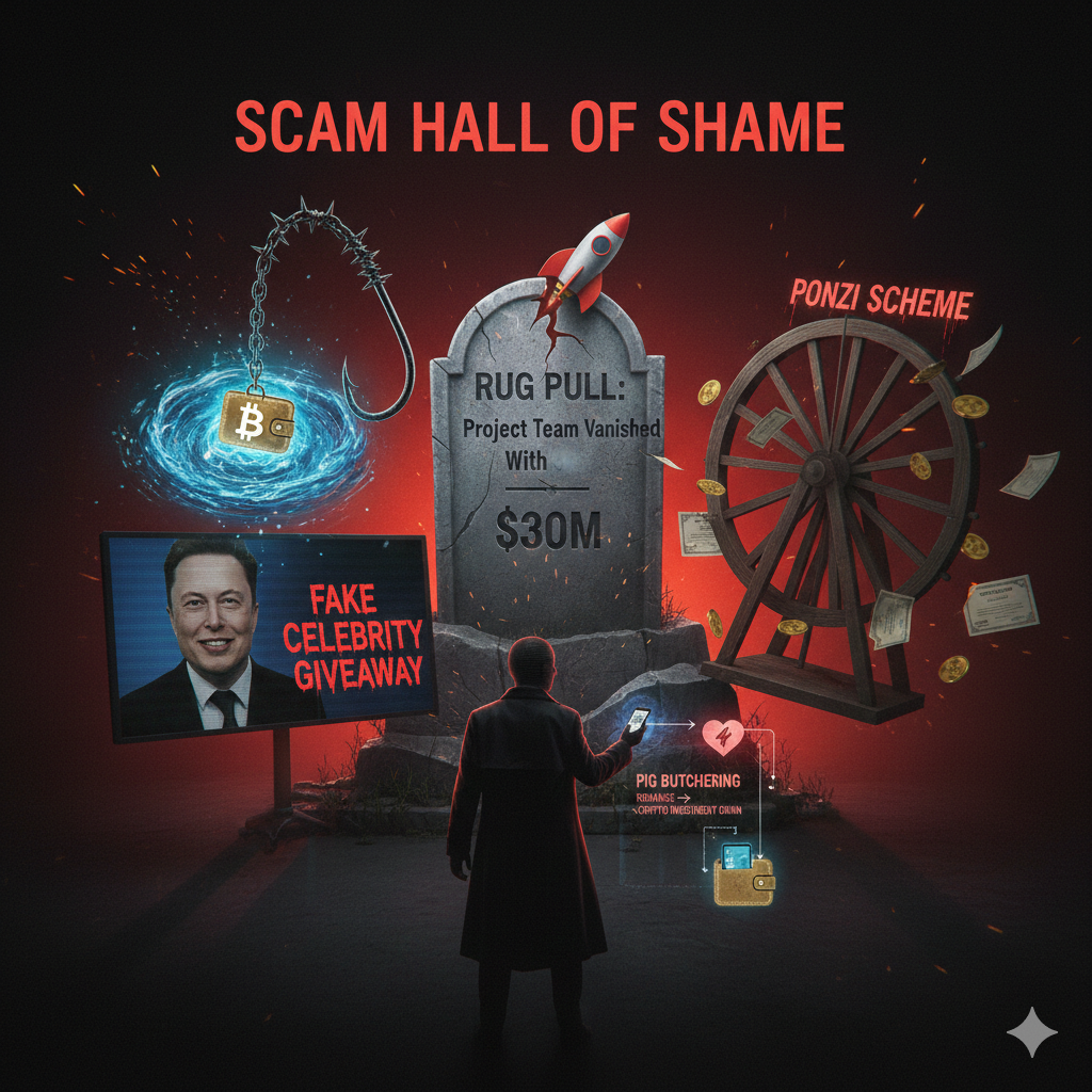 Crypto scam types warning signs including rug pulls and phishing