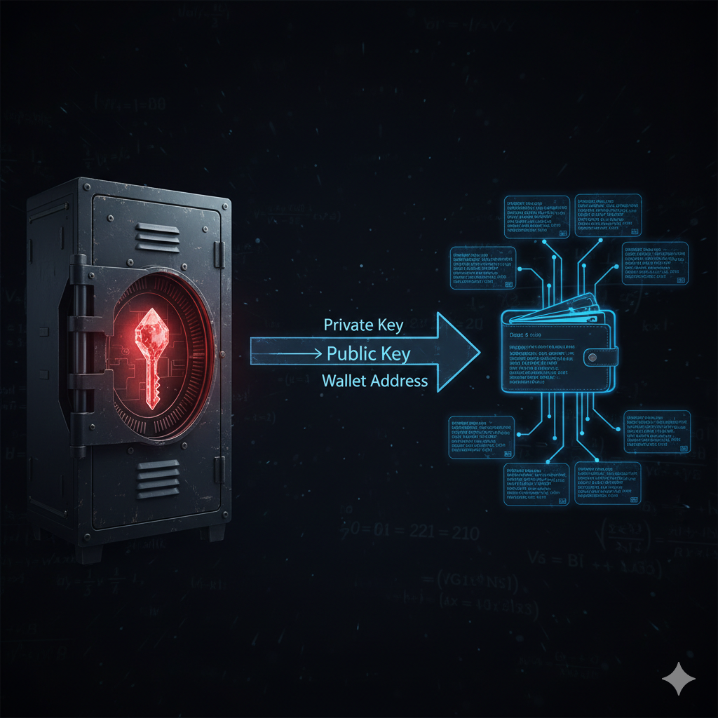 Crypto wallet mechanics showing private keys and blockchain addresses
