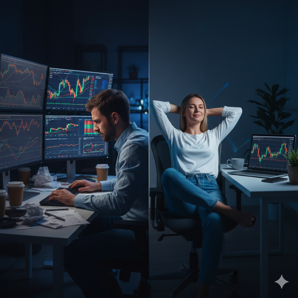 Day trader at multiple monitors vs swing trader relaxing