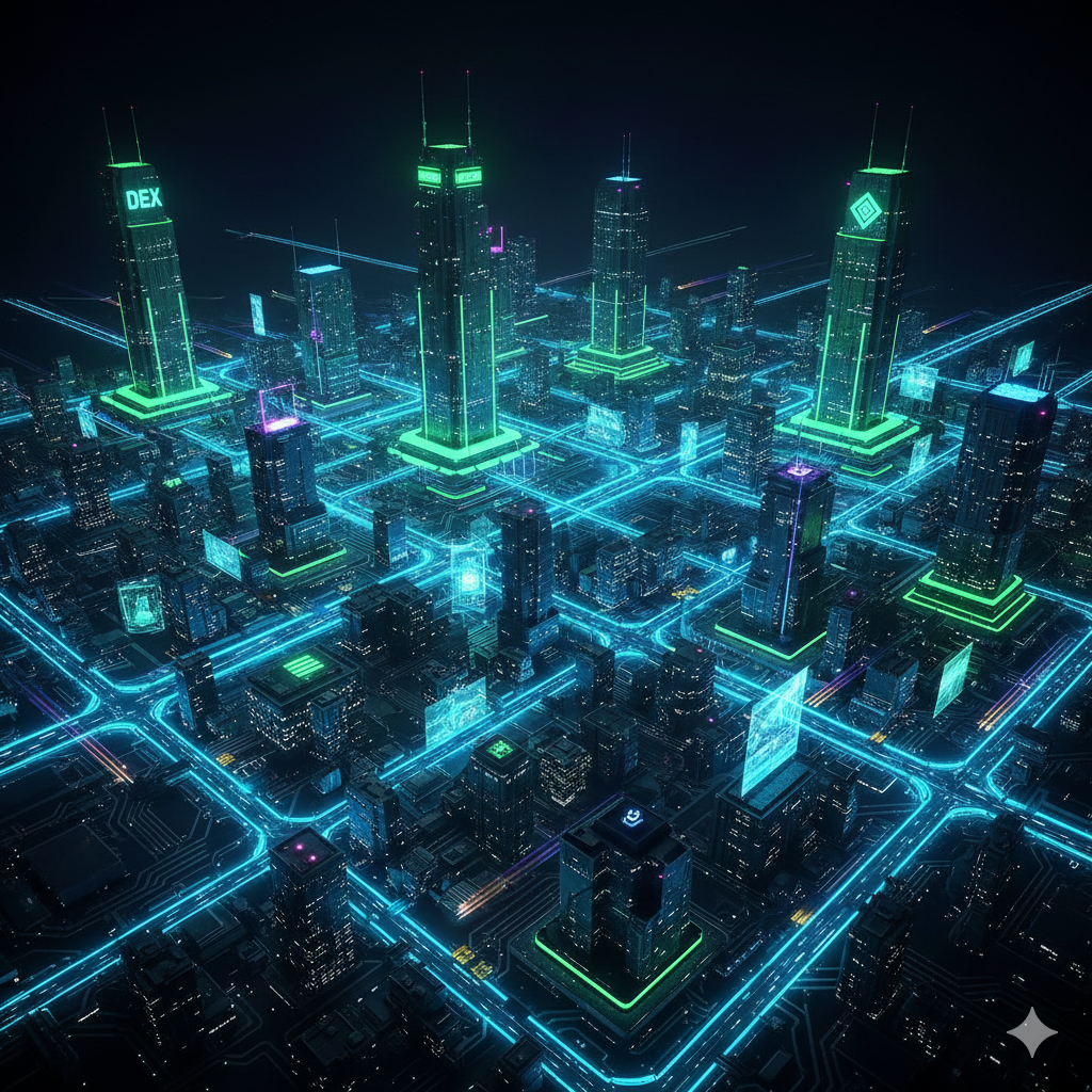 DeFi ecosystem with interconnected financial protocol icons