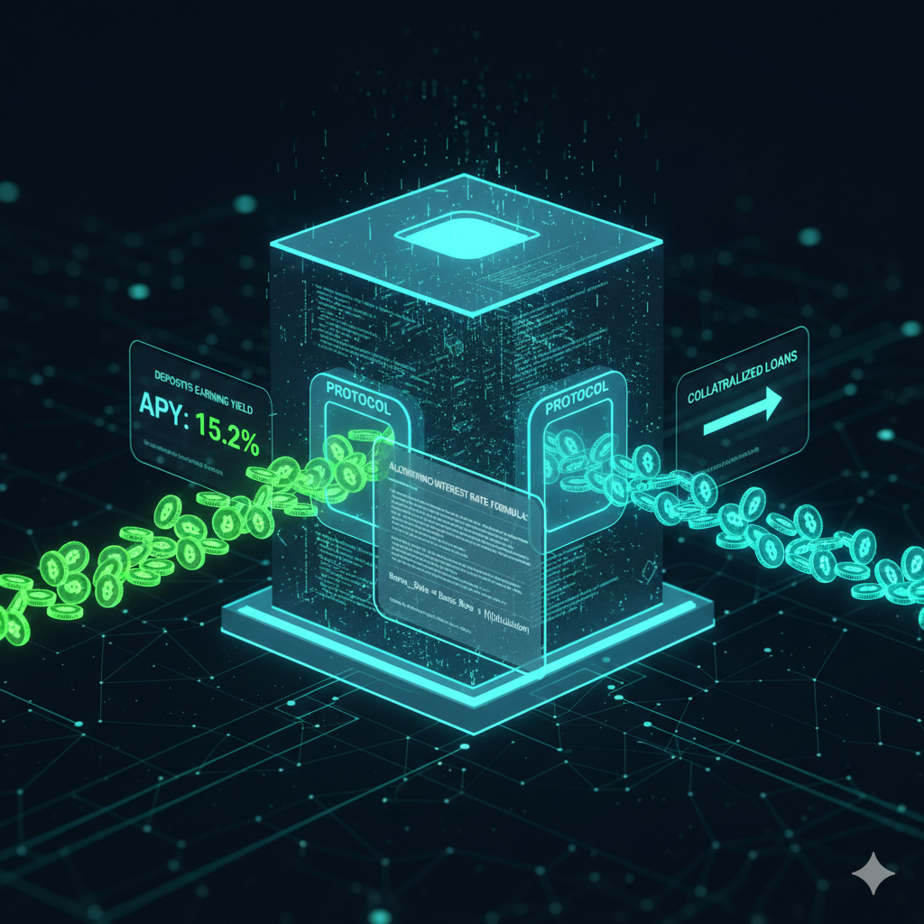 DeFi lending pool with crypto collateral and yield icons