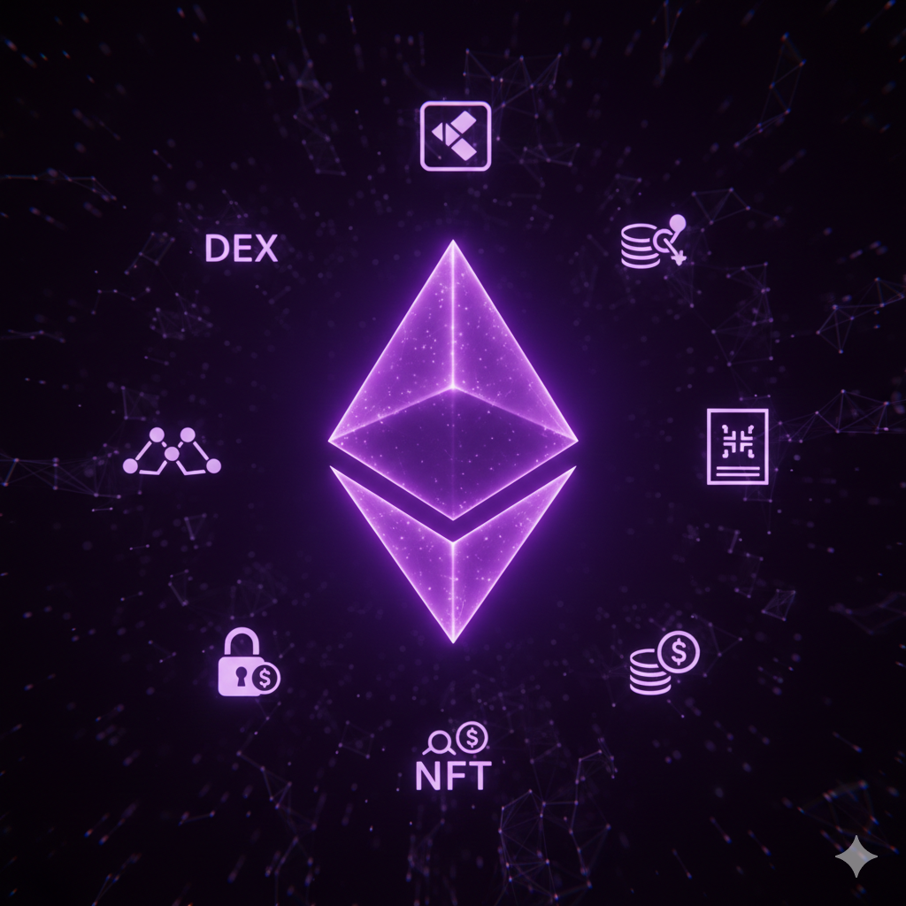Ethereum diamond logo with DeFi ecosystem around it