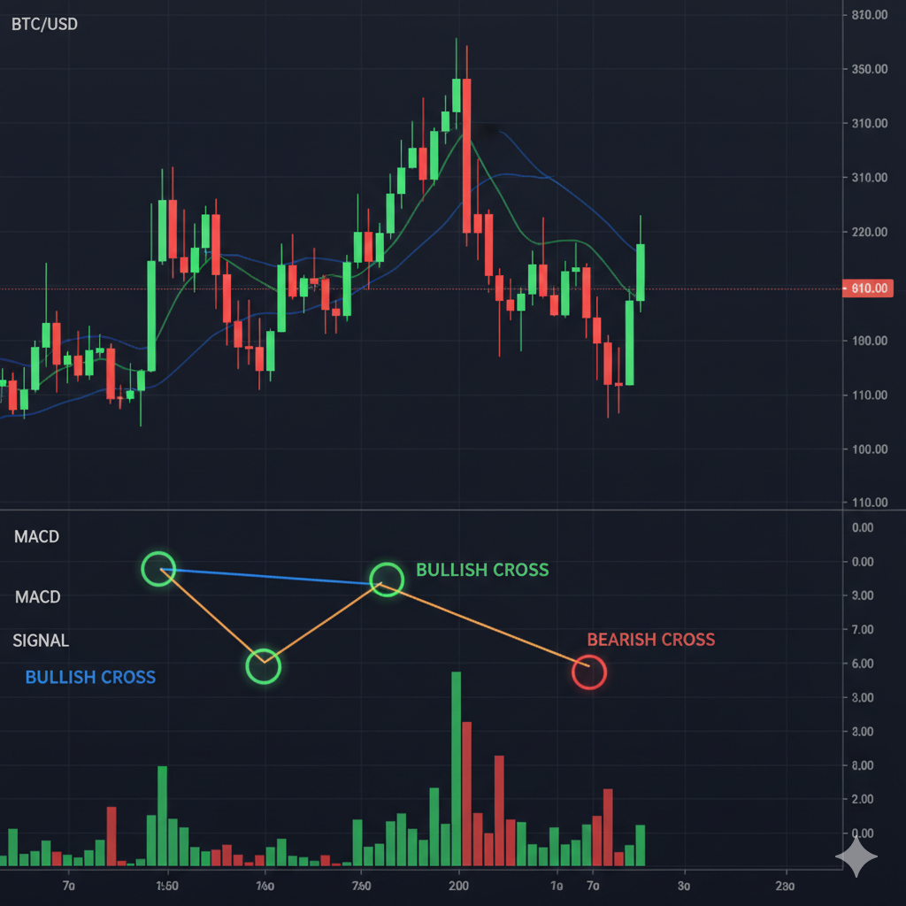 MACD indicator crossover signal on crypto price chart