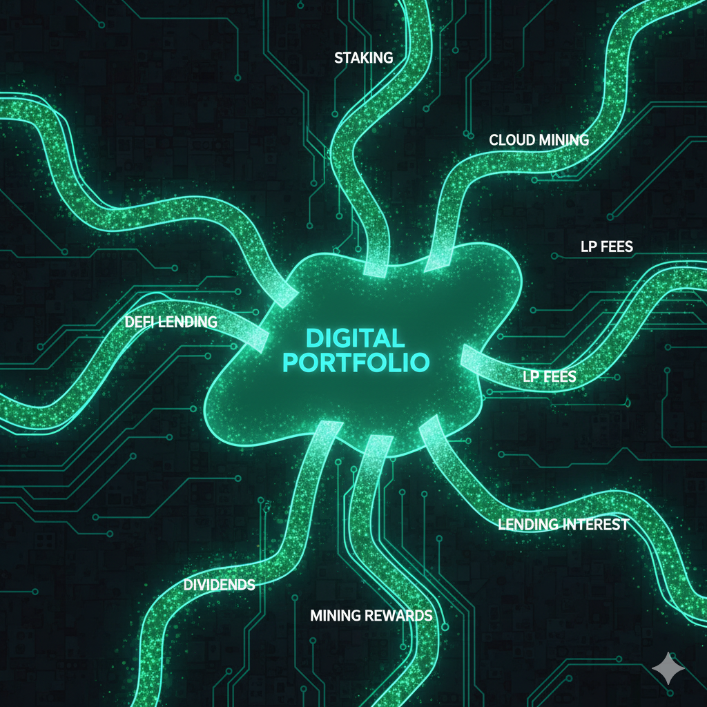Crypto passive income streams flowing into a portfolio