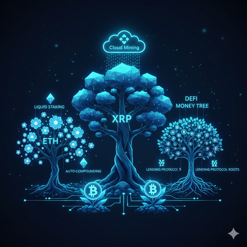 Crypto portfolio growing passively through mining staking and compounding