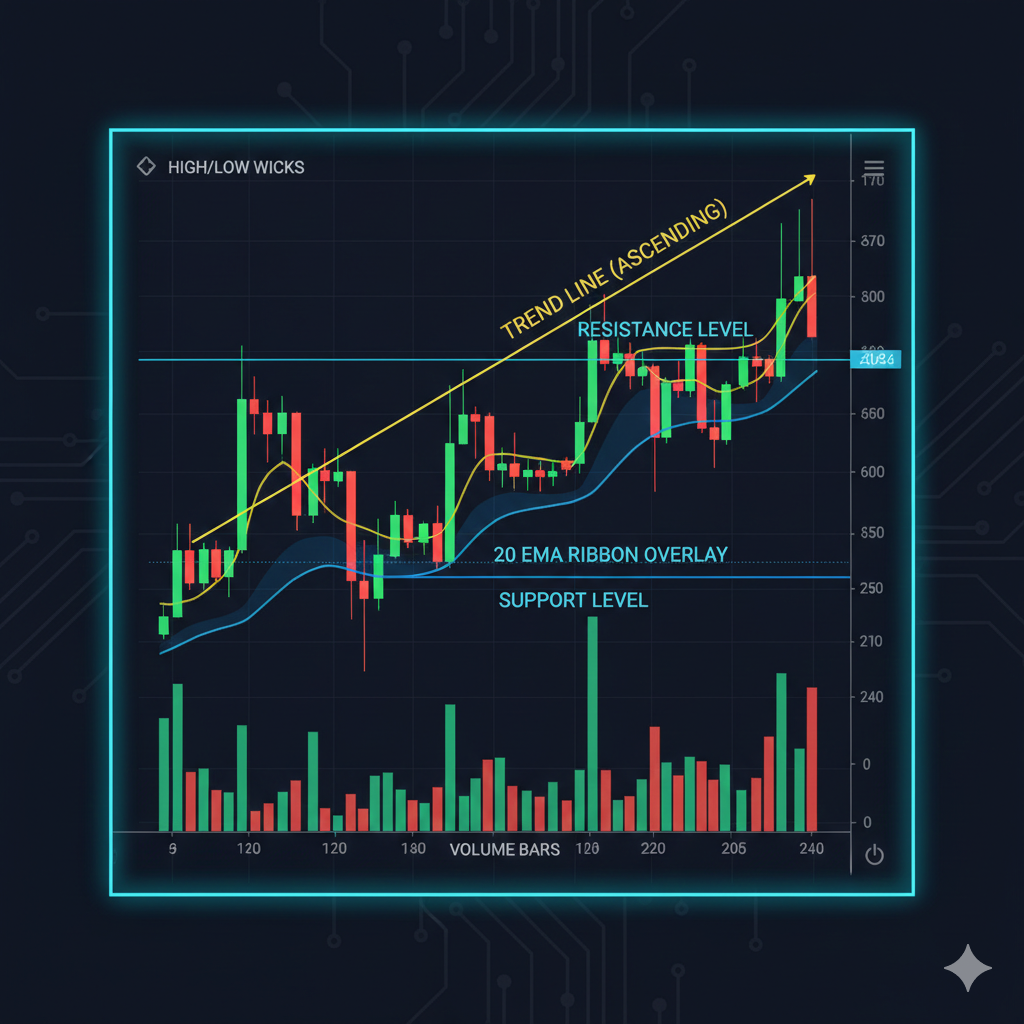 Crypto candlestick chart showing trend lines and trading indicators