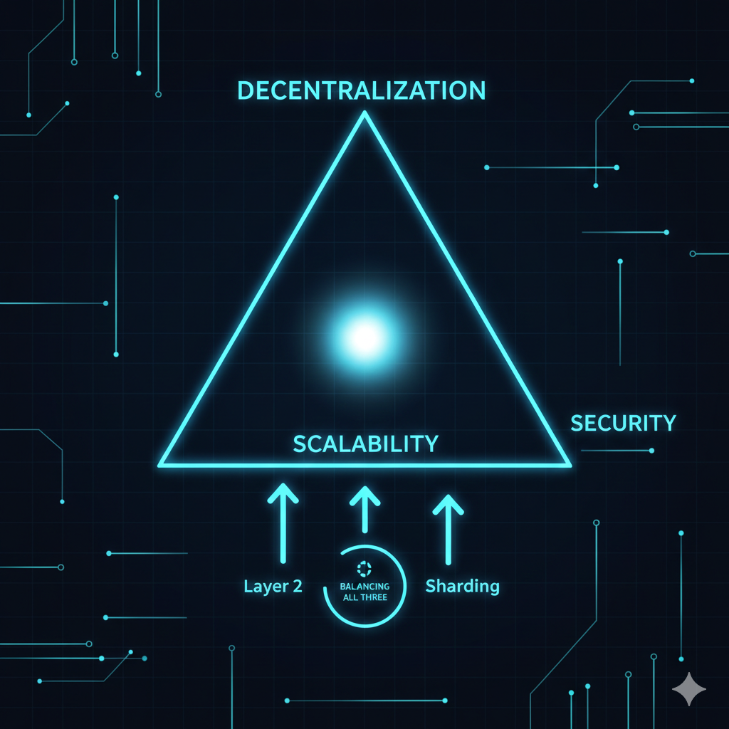 Blockchain scalability trilemma triangle with solutions