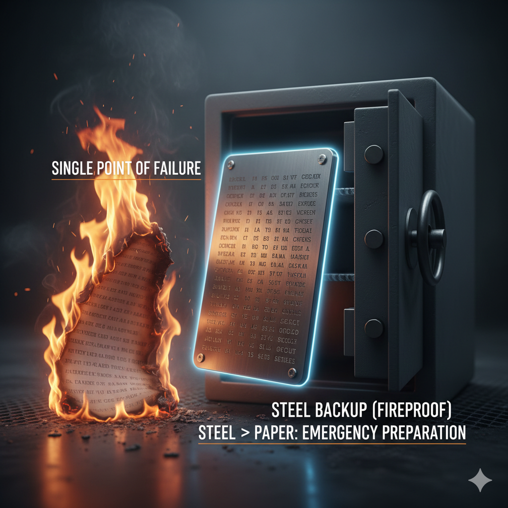 Crypto seed phrase written on steel plate for fireproof secure storage