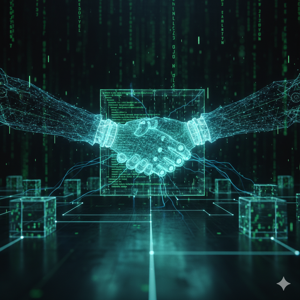 Smart contract code executing on blockchain with automated handshake