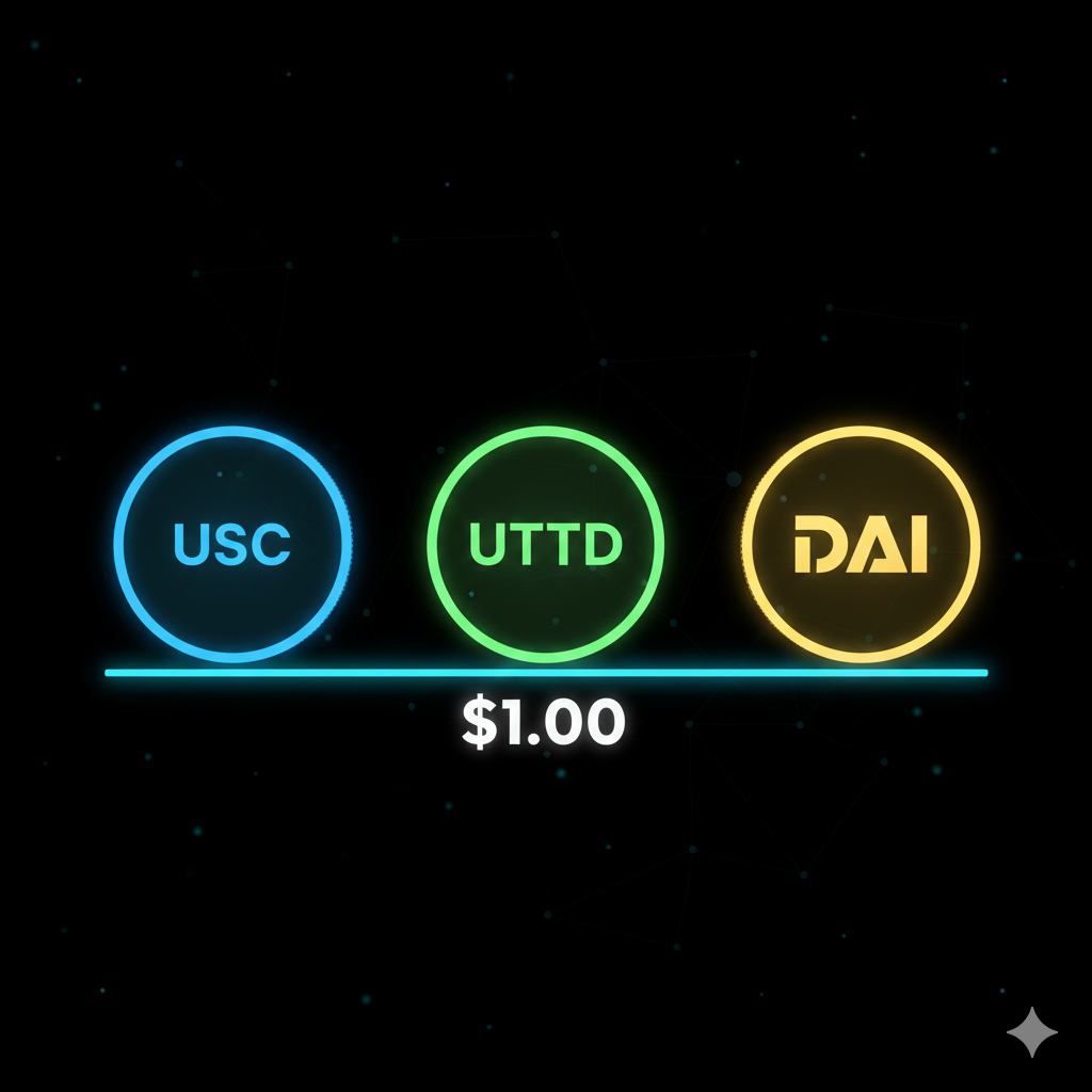 USDC, USDT, and DAI stablecoins pegged at $1