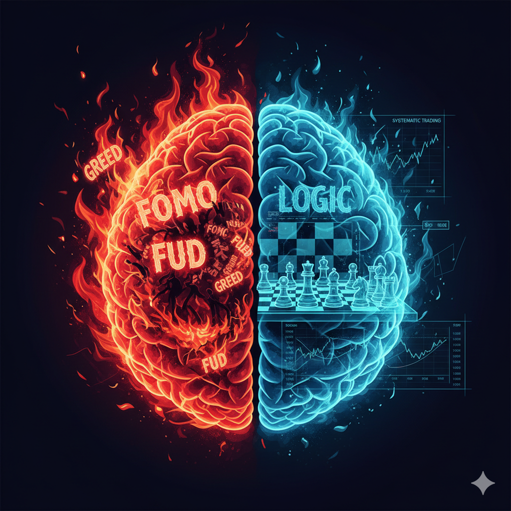 Crypto trader brain with emotions and rational thinking balance