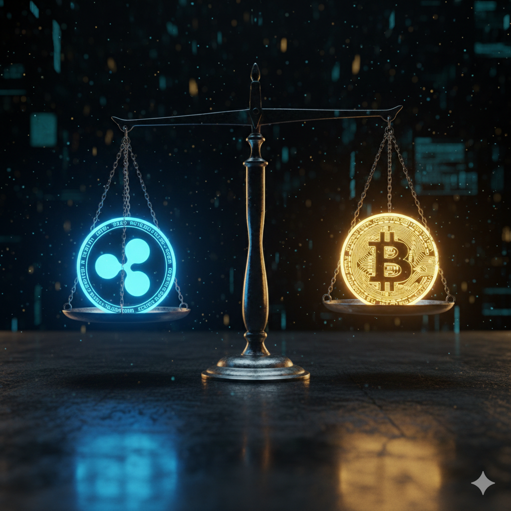 XRP coin and Bitcoin coin facing each other on scale
