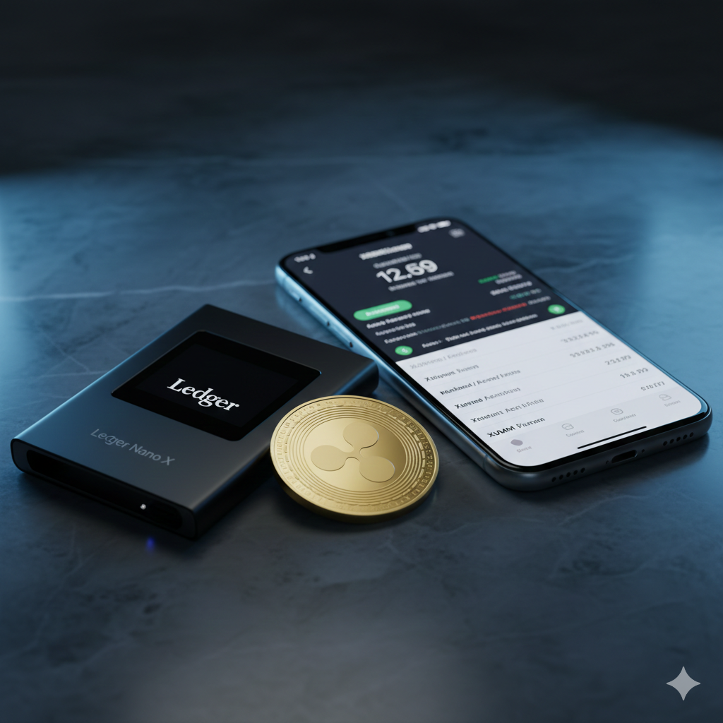 Ledger hardware wallet next to XRP coin and mobile phone