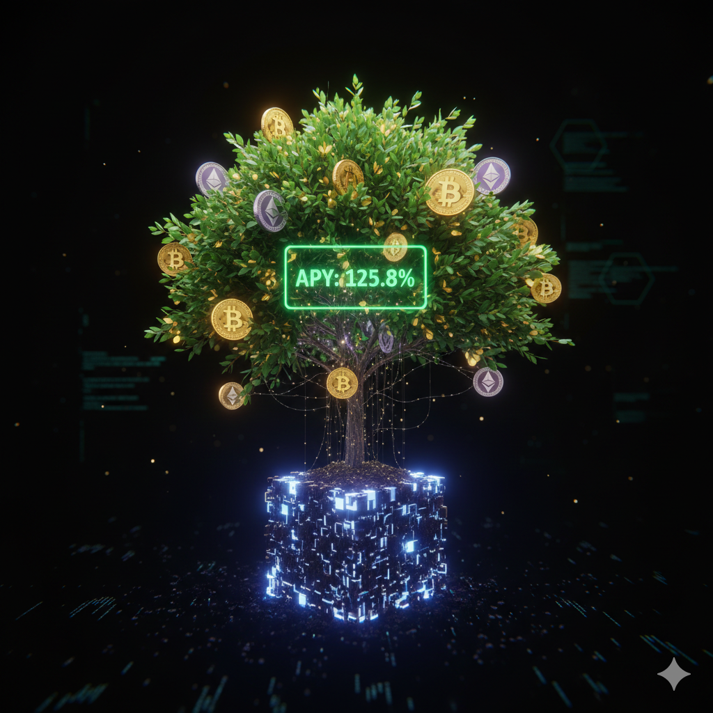 Crypto yield farming with plant growing from blockchain